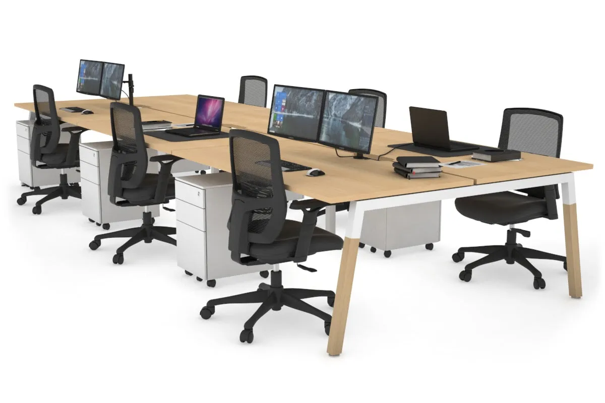 Quadro A Legs 6 Person Office Workstation - Wood Legs Cross Beam [1400L x 800W with Cable Scallop]