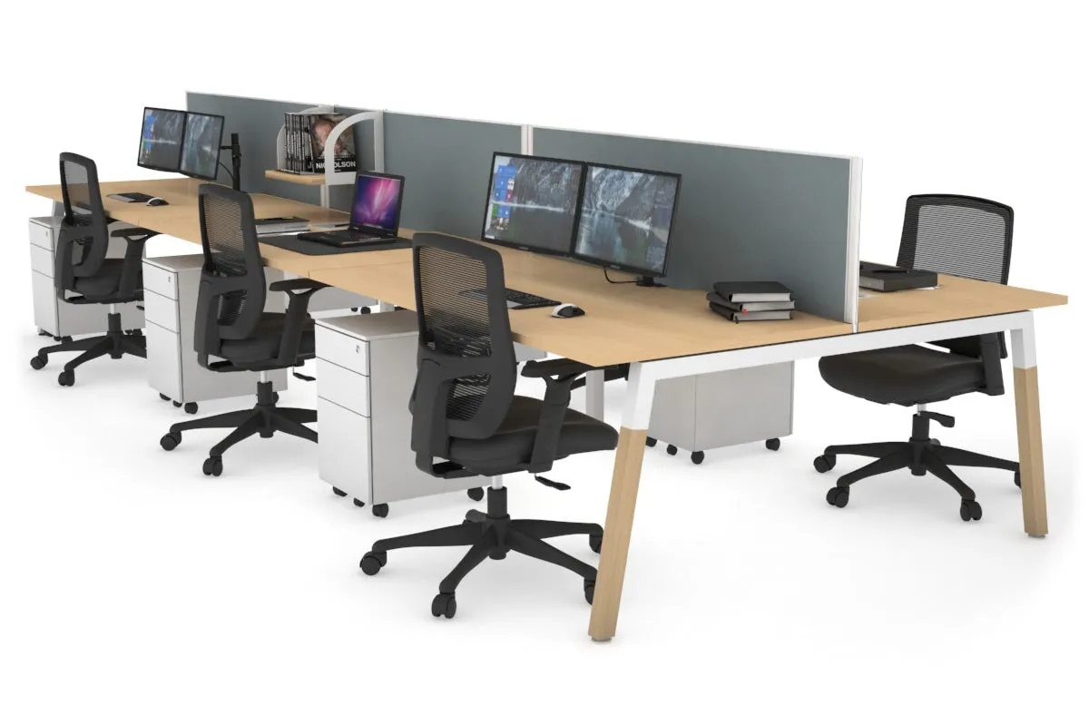 Quadro A Legs 6 Person Office Workstation - Wood Legs Cross Beam [1400L x 800W with Cable Scallop]