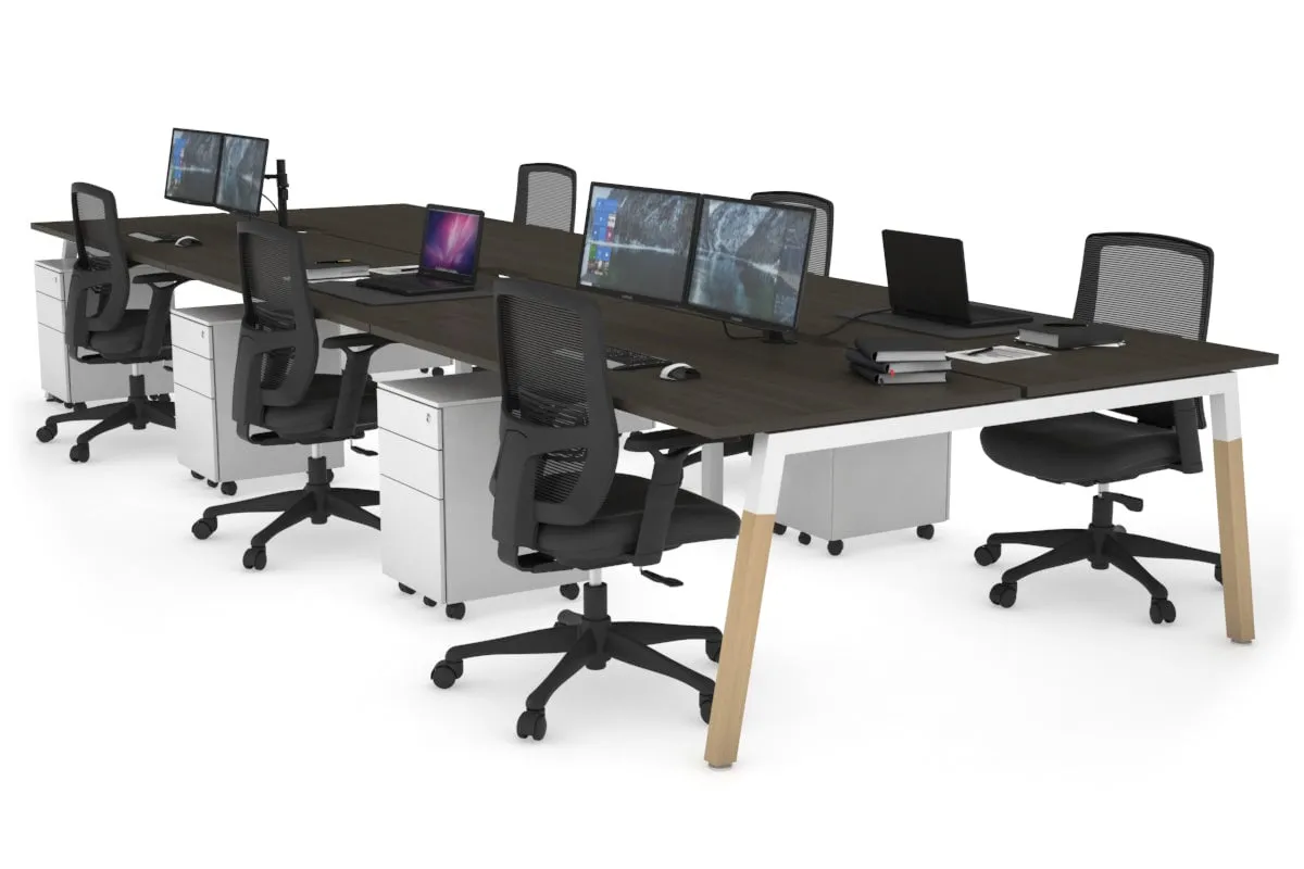 Quadro A Legs 6 Person Office Workstation - Wood Legs Cross Beam [1400L x 800W with Cable Scallop]