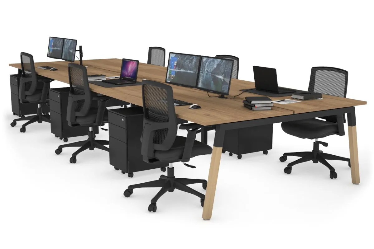 Quadro A Legs 6 Person Office Workstation - Wood Legs Cross Beam [1400L x 800W with Cable Scallop]