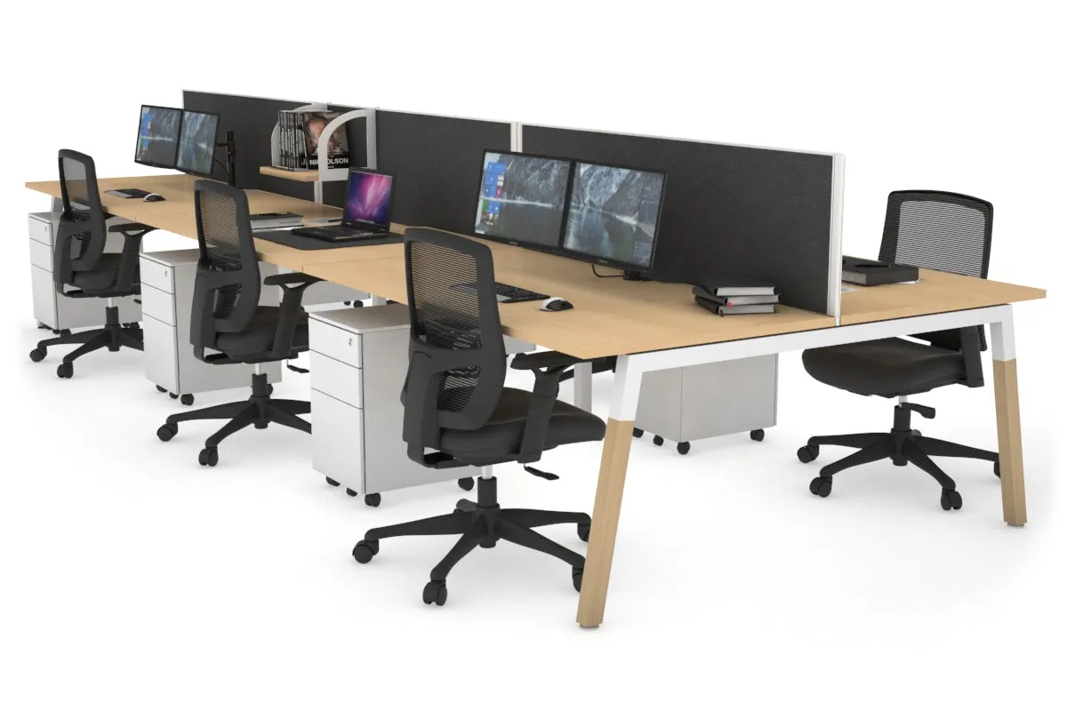 Quadro A Legs 6 Person Office Workstation - Wood Legs Cross Beam [1400L x 800W with Cable Scallop]