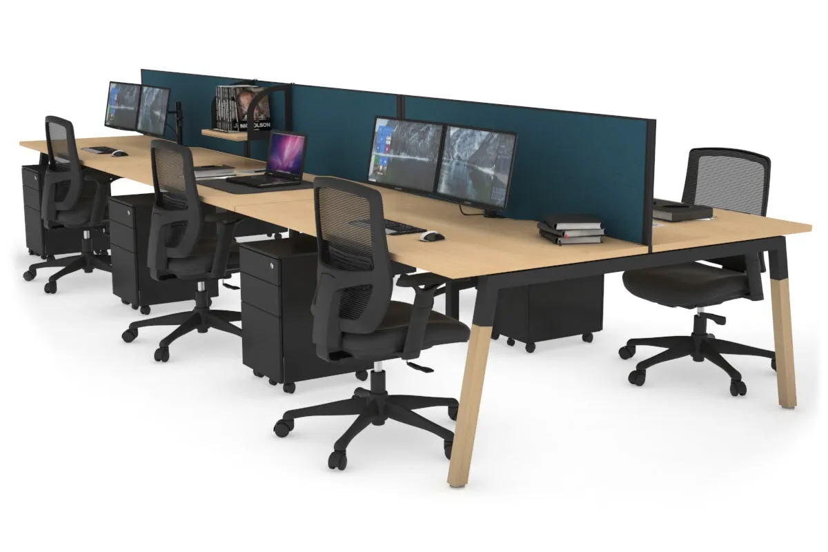 Quadro A Legs 6 Person Office Workstation - Wood Legs Cross Beam [1400L x 800W with Cable Scallop]