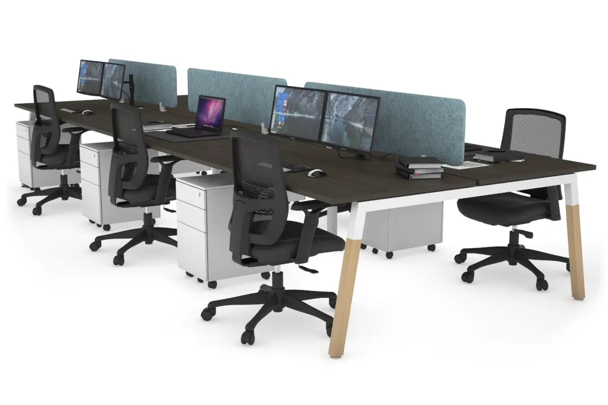 Quadro A Legs 6 Person Office Workstation - Wood Legs Cross Beam [1400L x 800W with Cable Scallop]