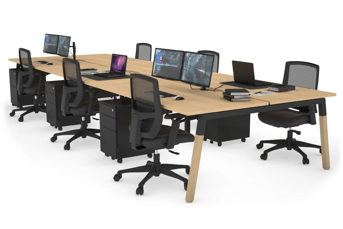 Quadro A Legs 6 Person Office Workstation - Wood Legs Cross Beam [1400L x 800W with Cable Scallop]