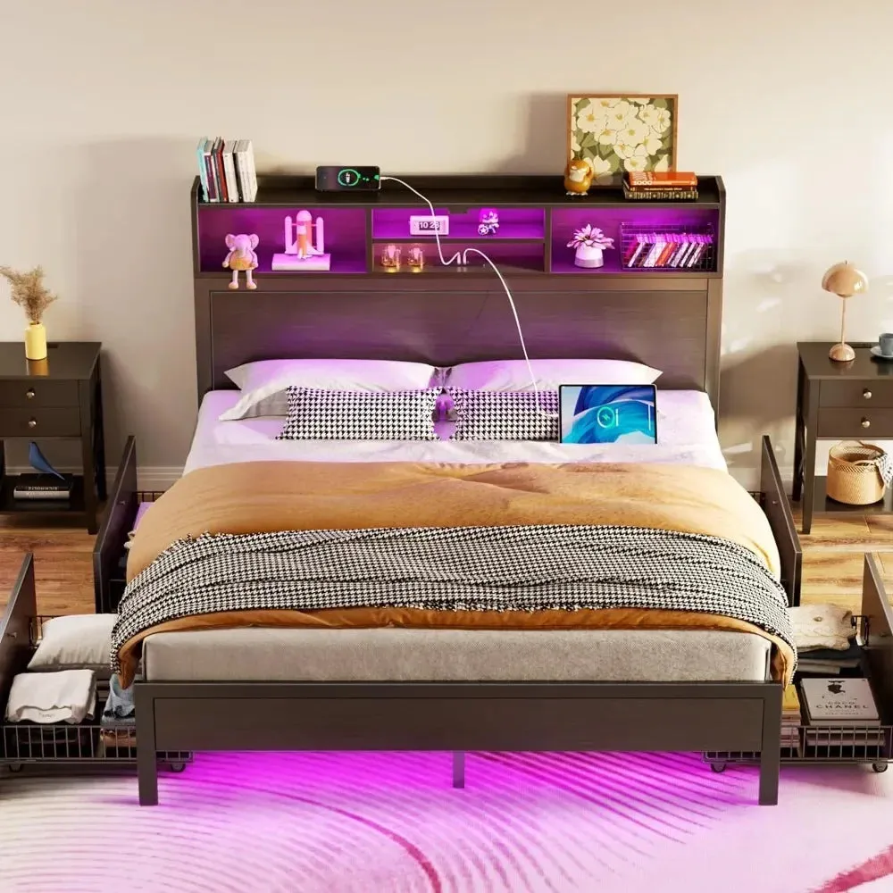 Queen Bed Frame With Storage Headboard Metal Platform Charging Station Noise-Free Bedroom Bed Frame