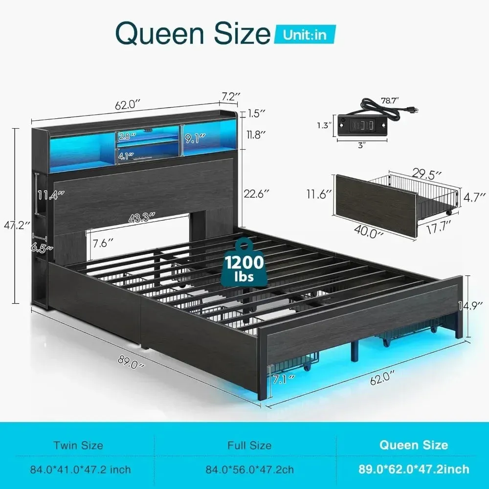 Queen Bed Frame With Storage Headboard Metal Platform Charging Station Noise-Free Bedroom Bed Frame