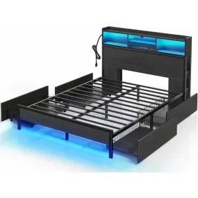 Queen Bed Frame With Storage Headboard Metal Platform Charging Station Noise-Free Bedroom Bed Frame