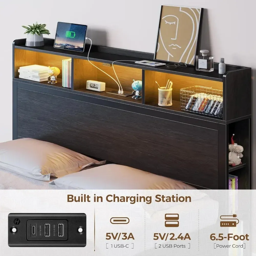 Queen Bed Frame With Storage Headboard Metal Platform Charging Station Noise-Free Bedroom Bed Frame