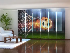 Set of 6 Sliding Panel Curtains Fiery Football Ball In Goal