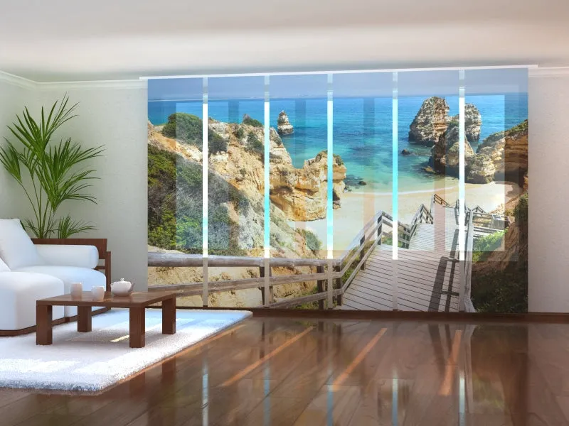 Set of 6 Sliding Panel Curtains Wooden Staircase to a Beautiful Beach in the Algarve