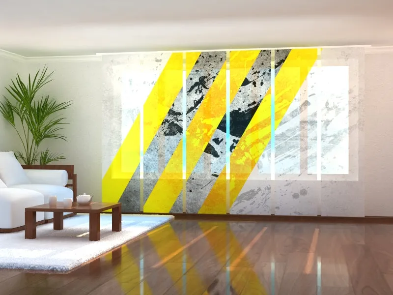 Set of 6 Sliding Panel Curtains Yellow and Gray Lines Abstractions