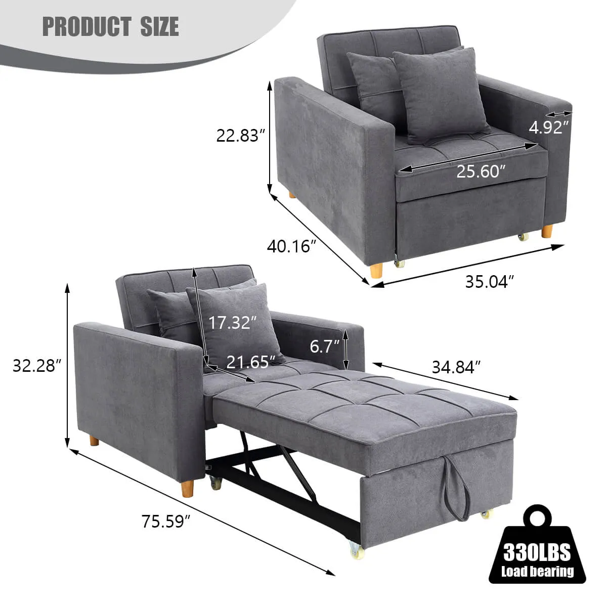 Sofa Bed 3-in-1 Convertible Chair Multi-Functional Adjustable Recliner, Sofa, Bed(Grey)