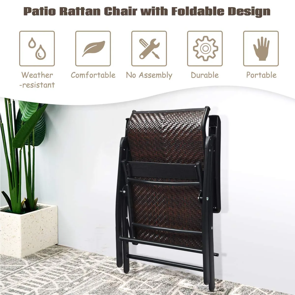 Tangkula Patio Rattan Folding Chair, Outdoor Wicker Portable Camping Chair with Widened Armrest