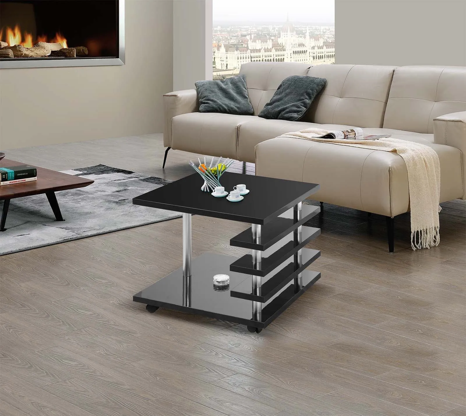 TFC&H Co. Mobile Coffee Table with LED light & Remote Control - Black- Ships from The US