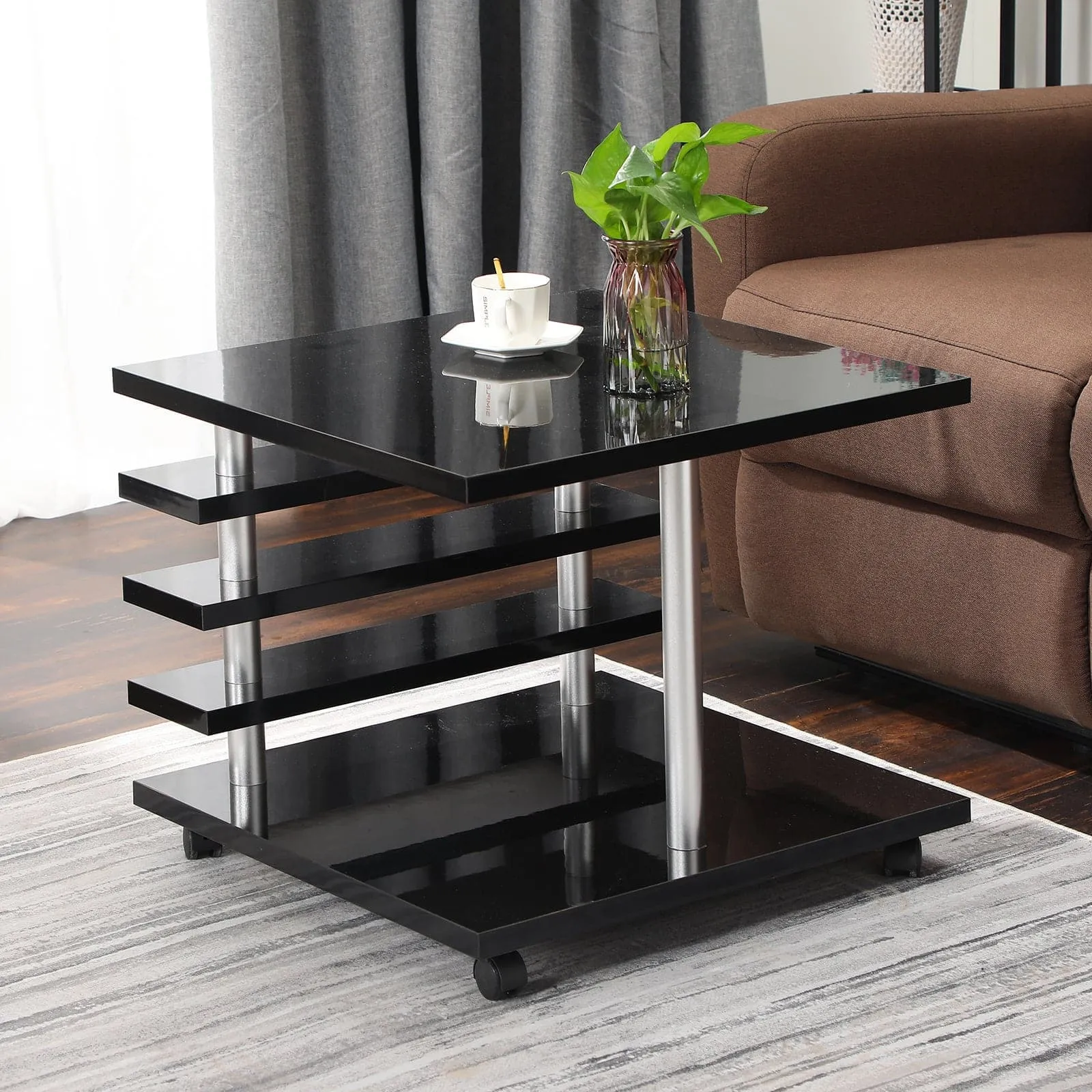 TFC&H Co. Mobile Coffee Table with LED light & Remote Control - Black- Ships from The US