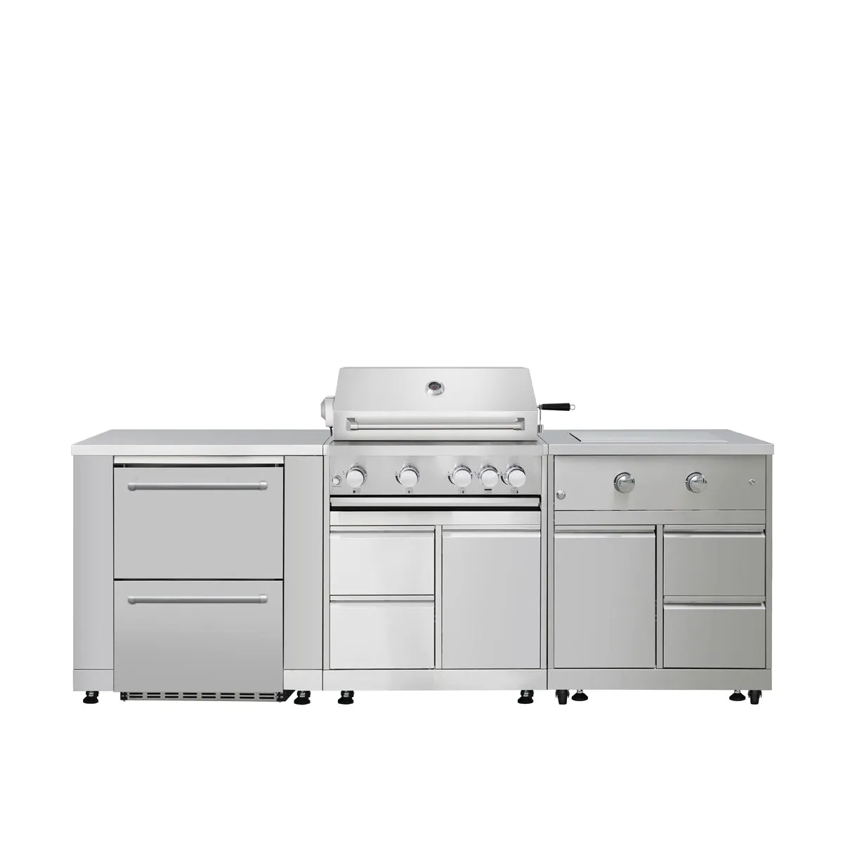 TMG Living Kitchen Pro Series 7-Piece Stainless Steel Modular Outdoor Kitchen Suite Set, 35” Refrigerator Cabinet, 32” BBQ, 4-Burner Gas Grill, Sink, Side Burner, Corner Cabinet, Pizza Oven, TMG-LKS10