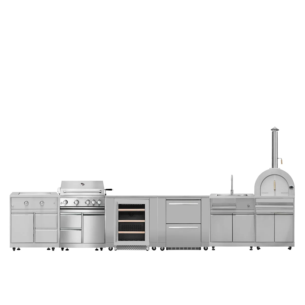 TMG Living Kitchen Pro Series 7-Piece Stainless Steel Modular Outdoor Kitchen Suite Set, 35” Refrigerator Cabinet, 32” BBQ, 4-Burner Gas Grill, Sink, Side Burner, Corner Cabinet, Pizza Oven, TMG-LKS10