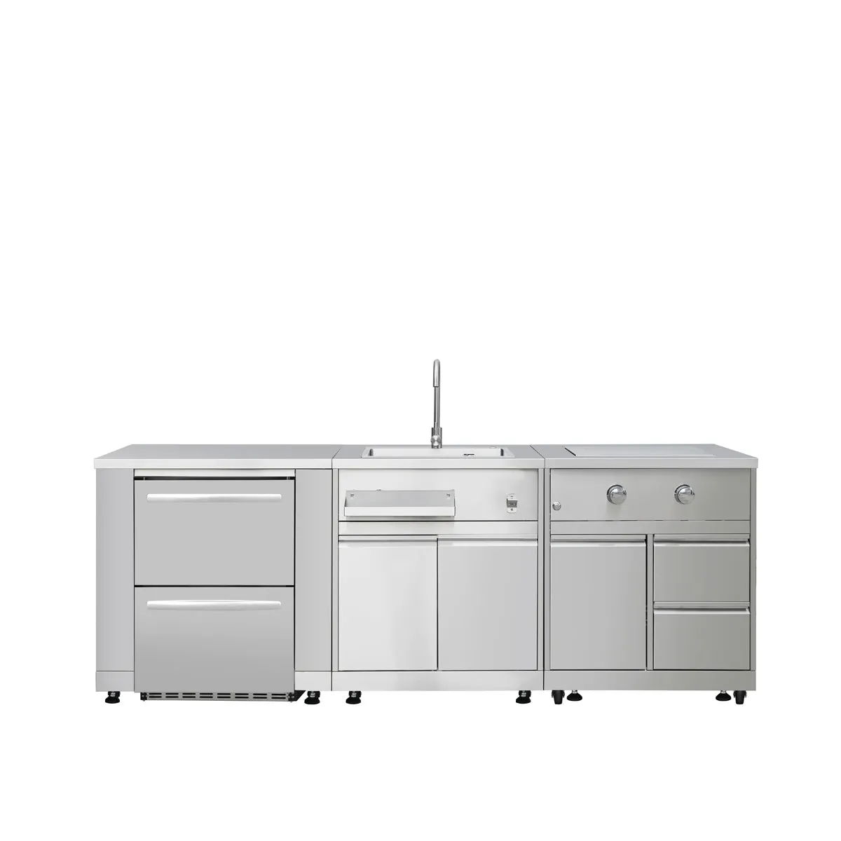 TMG Living Kitchen Pro Series 7-Piece Stainless Steel Modular Outdoor Kitchen Suite Set, 35” Refrigerator Cabinet, 32” BBQ, 4-Burner Gas Grill, Sink, Side Burner, Corner Cabinet, Pizza Oven, TMG-LKS10