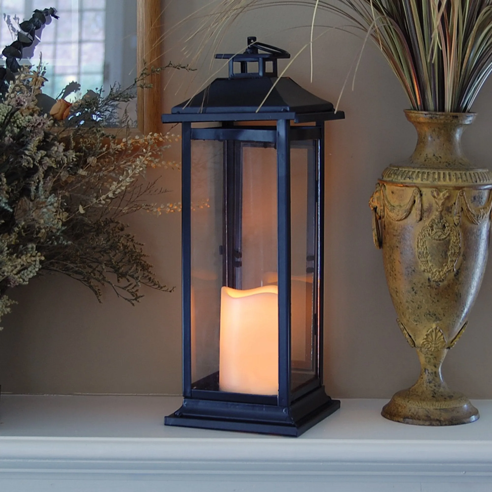 Traditional Black Metal Lantern with LED Candle