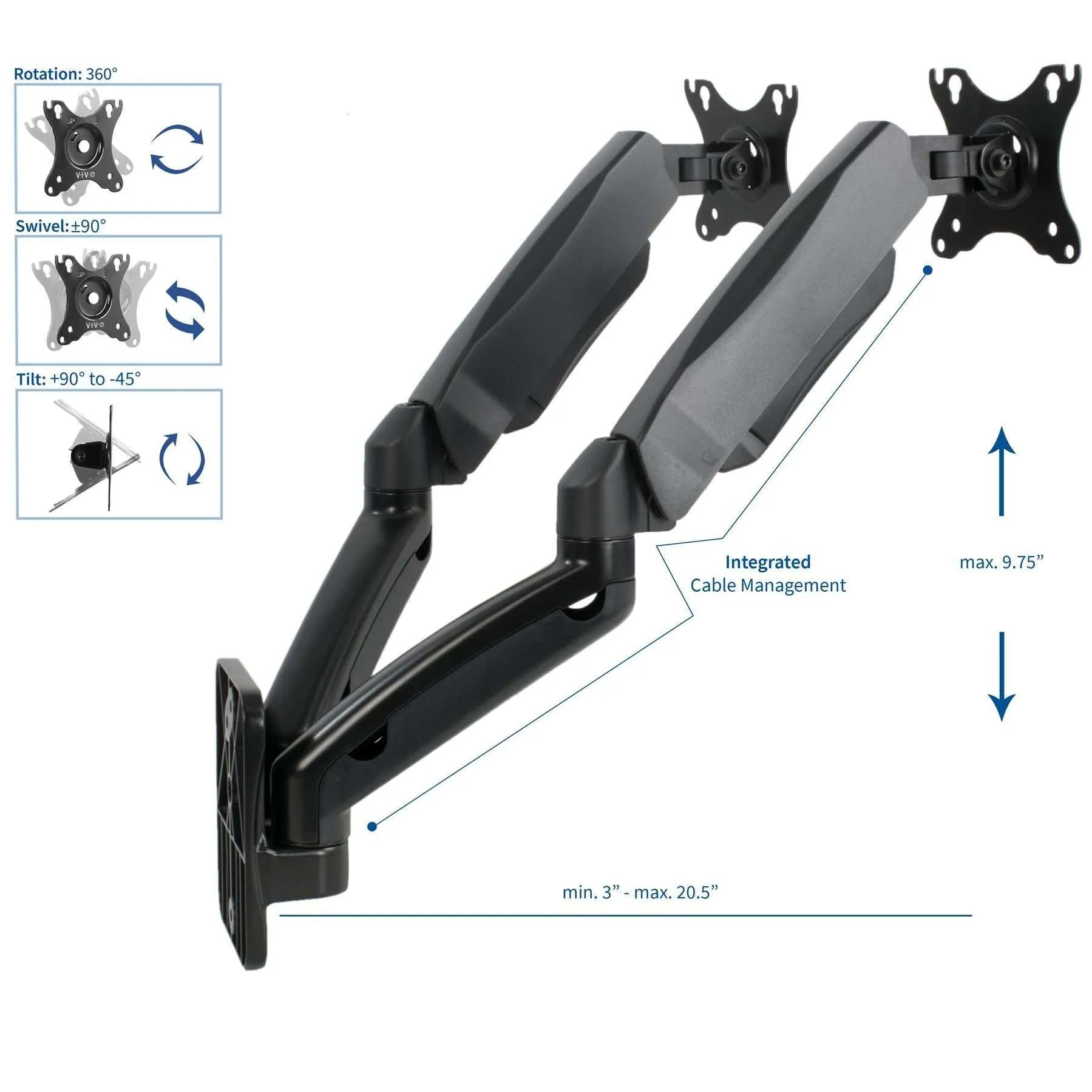 VIVO Pneumatic Arm Dual Monitor Wall Mount, MOUNT-V002G