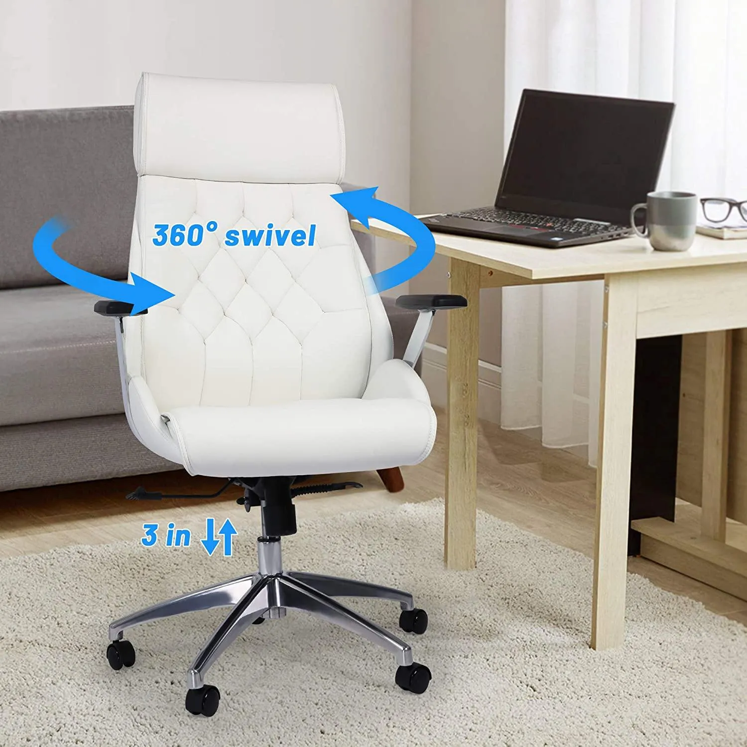 White Office Chair Ergonomic Leather High Back Heavy Duty Executive Chairs Adjustable Lock Position 360 Degree Swivel