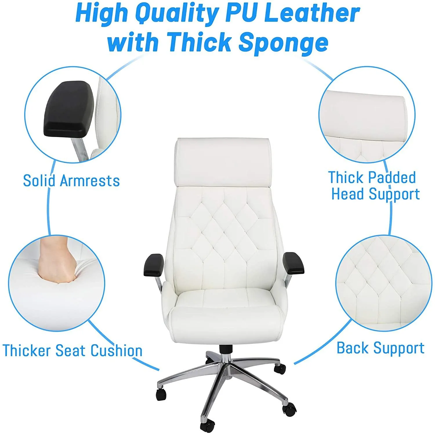 White Office Chair Ergonomic Leather High Back Heavy Duty Executive Chairs Adjustable Lock Position 360 Degree Swivel