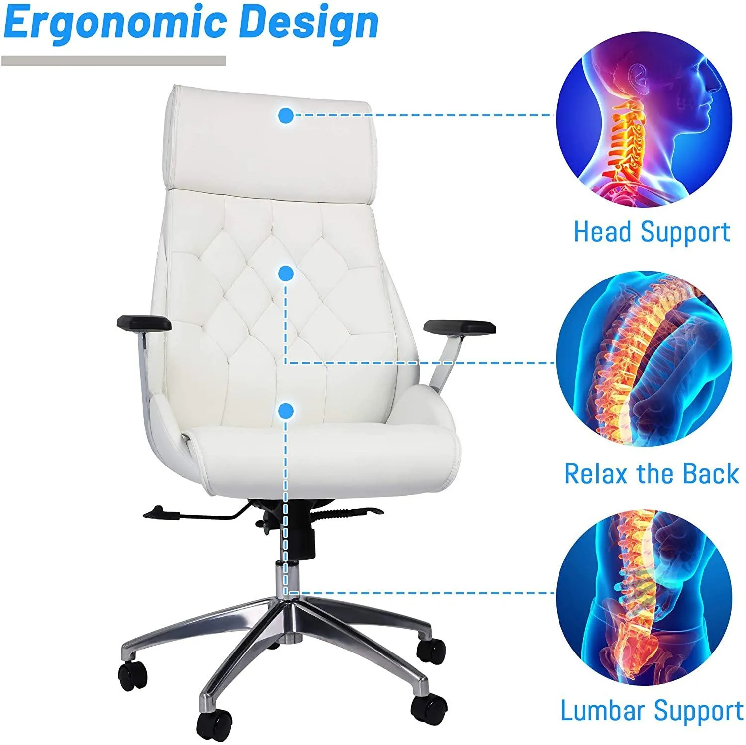 White Office Chair Ergonomic Leather High Back Heavy Duty Executive Chairs Adjustable Lock Position 360 Degree Swivel