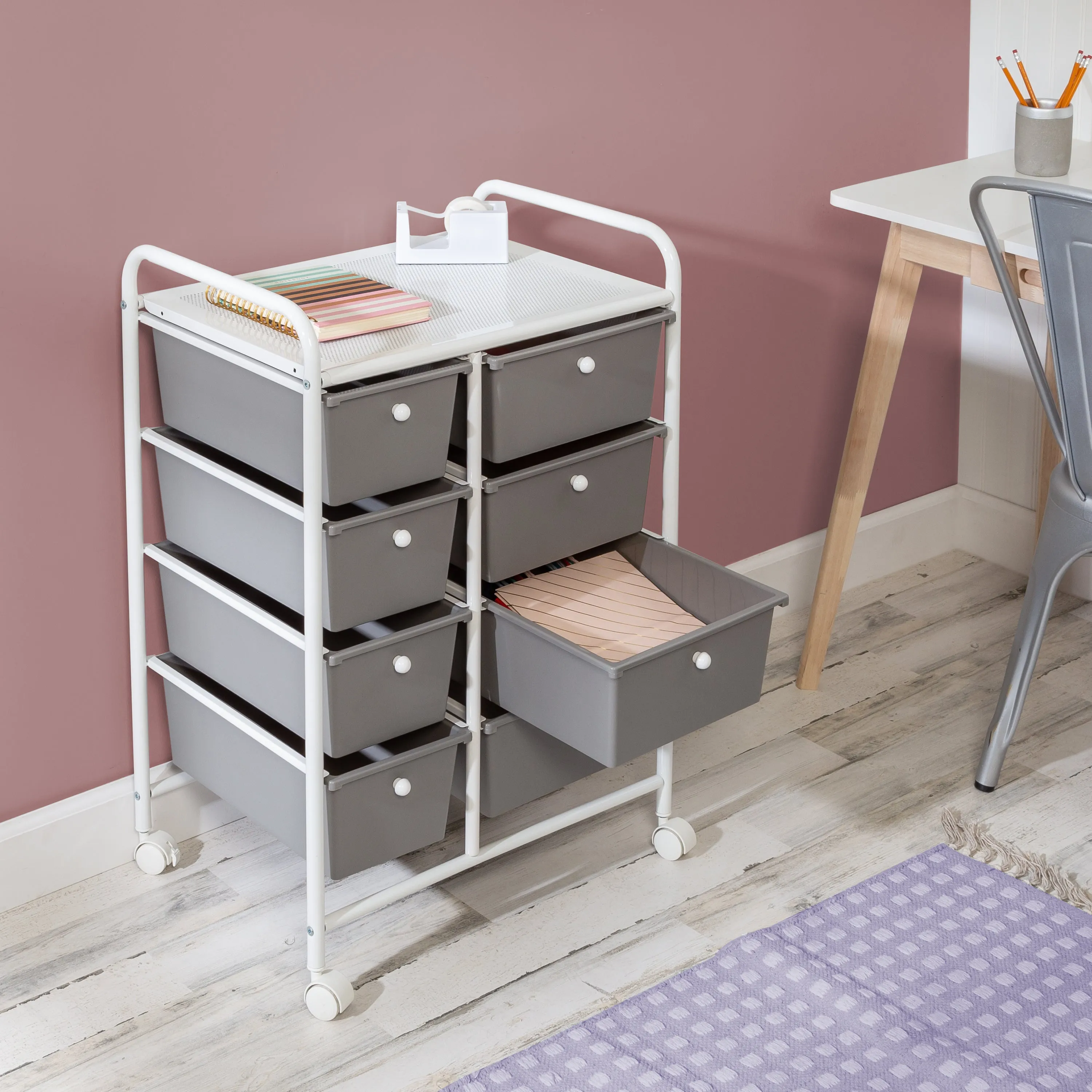 White/Gray Plastic 8-Drawer Storage Cart