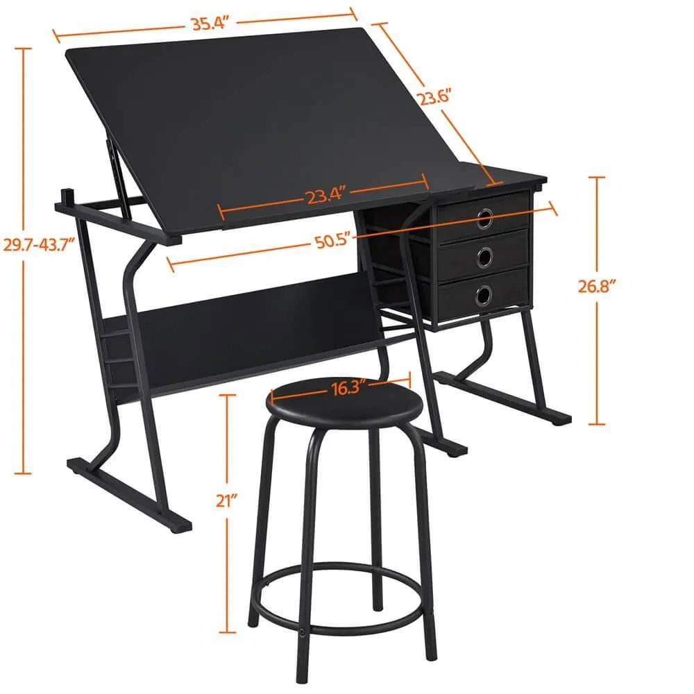 Yaheetech Black Tabletop Adjustable Art/Craft Desk with Stool and 3 Slide Drawers