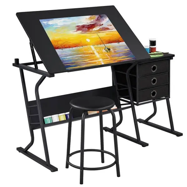 Yaheetech Black Tabletop Adjustable Art/Craft Desk with Stool and 3 Slide Drawers