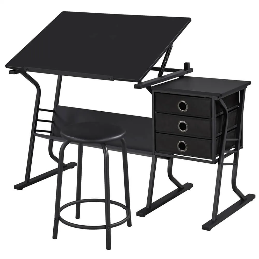 Yaheetech Black Tabletop Adjustable Art/Craft Desk with Stool and 3 Slide Drawers